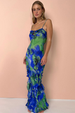 Abstract Floral Print Tie Up Slim Fit Ruffled Maxi Slip Dresses-Blue