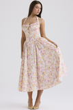 Sleeveless Halter Floral Print Corset A-Line Garden Party Midi Dresses-Pink