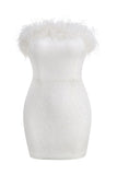 Sequin Strapless Feather Trim Bodycon Mini Party Dresses