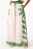 Floral Print Thick Straps Crop Top Wide Leg Pants Matching Set-Green