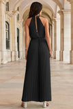 Halter All Over Pleated Wide Leg Jumpsuit