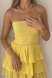 Smocking Tiered Layered Sleeveless Plain Tube Maxi Dresses-Yellow