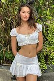 Puff Sleeve Ruffled Crop Top Bow Decor Low-Rise Mini Skirt Matching Set-White