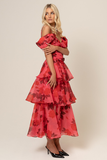 Floral Print Dropped Shoulder Tiered Hem Slip Midi Dresses-Red