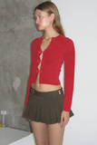 V Neck Cutout Bow Single-Breasted Long Sleeve Crop Top-Red