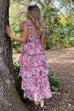 Floral Print Tie Up Cami Tiered Ruffled Hem Midi Dresses-Pink