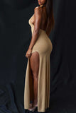 Stand Collar Backless High Slit Party Maxi Dresses-Khaki