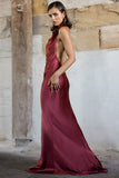 Halter Cowl Neck Backless Gown Party Maxi Dresses-Burgundy