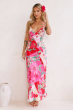 Floral Print V Neck Vacation Cami Maxi Dresses-Pink