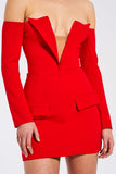 Deep V Collar Off Shoulder Long Sleeve Mini Blazer Dresses-Red