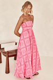 Floral Print Boat Neck Spaghetti Strap A-Line Backless Vacation Maxi Dresses-Pink