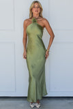 Halter Rosette Decor Open Back Slim Fit Satin Maxi Dresses-Green