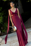 Deep V Neck Streamer Backless Gowns Maxi Tank Dresses-Burgundy