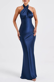 Cross Halter Bodycon Tie Up Open Back Gowns Maxi Dresses-Navy