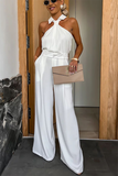 Sleeveless Turndown Collar Wide Leg Plain Jumpsuit-Khaki