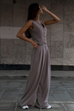 V Neck Waistcoat Plain Wide Leg Pants Matching Set-SlateGray