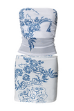 Floral Pattern Crop Tube Top Bodycon Mini Skirt Matching Set-White