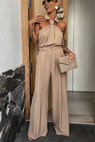 Sleeveless Turndown Collar Wide Leg Plain Jumpsuit-Khaki