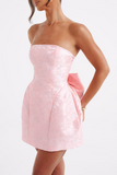 Jacquard Boat Neck A-Line Puffy Hem Back Bow Cocktail Party Mini Dresses-Pink