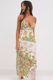 Ditsy Floral Print Deep V Neck Lace Patchwork Backless Slip Maxi Dresses-Green