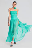 Strapless Boat Neck Ruched Pleated High Slit Tulle Formal Party Maxi Dresses