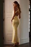 3D Flower Decor Deep V Neck Backless Sequin Gowns Maxi Tank Dresses-Yellow