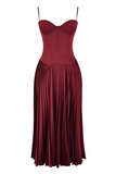 Irregular Neck Corset A-Line Pleated Hem Satin Slip Midi Dresses-Burgundy