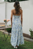 V Neck Halter Floral Print Ruffle Hem Vacation Maxi Dress