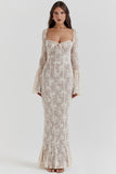 Square Neck Long Flare Sleeve Jacquard Fishtail Garden Party Maxi Dresses-White