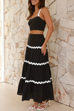 Colorblock Ripple Trim Crop Cami High Waist A-Line Maxi Skirt Matching Set-White