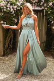 3D Flower Decor High Collar Halter Slit A-Line Maxi Dresses-Green