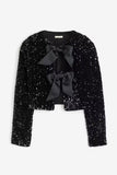 Sequin Colorblock Ribbon Decor Long Sleeve Coat