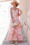 V Neck Backless Quilted Floral Print Vacation Maxi Slip Dresses