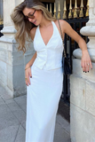 Deep V Neck Halter Button Vest Solid Color Maxi Skirt Matching Set-White