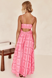 Floral Print Boat Neck Spaghetti Strap A-Line Backless Vacation Maxi Dresses-Pink