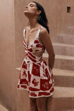 Notched V Neck Cutout Print A-Line Sleeveless Mini Dresses-Red Pre Order