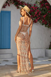 Y2K Fashions Two Piece Crochet Floral Knit Cover Up Slit Maxi Dress Set