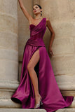 Elegant One Shoulder Corset Folds High Slit Formal Party Gown Satin Maxi Dresses-Purple