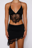 V Neck Backless Lace Halter Top High Low Hem Mini Skirt Matching Set