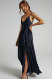 V Neck Knotted Split Gown Slip Maxi Dresses