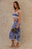 Lace Patchwork Crop Top Floral Print Midi Skirt Matching Set-Blue