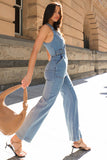 Lapel Collar Sleeveless Pocket Denim Flare Leg Jumpsuit-Blue