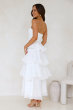 Strapless A-Line Layered Ruffled Hem Maxi Dresses-White