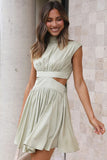 Pleated Sleeveless Cutout Mock Neck Midi Dresses