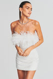 Sequin Strapless Feather Trim Bodycon Mini Party Dresses