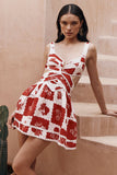 Notched V Neck Cutout Print A-Line Sleeveless Mini Dresses-Red Pre Order