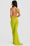 Rope Halter Open Back Bodycon Fishtail Hem Maxi Dresses-Green