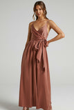 V Neck Knotted Split Gown Slip Maxi Dresses