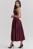 Irregular Neck Corset A-Line Pleated Hem Satin Slip Midi Dresses-Burgundy