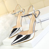 Burnished Plain Pointy Toe Ankle Strap Buckle Stiletto Heels